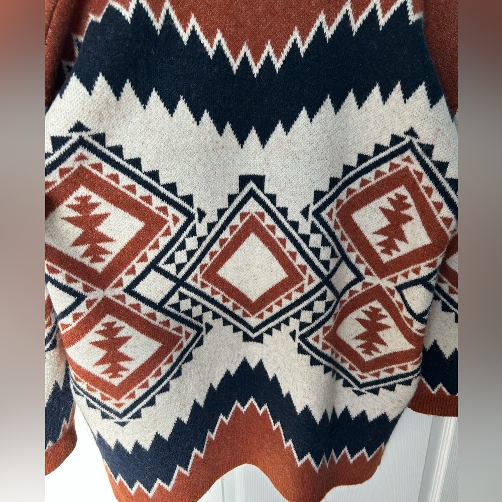 Tahari Brown White & Blue Aztec Print Chunky Open Front Cardigan Size XL - Picture 5 of 15